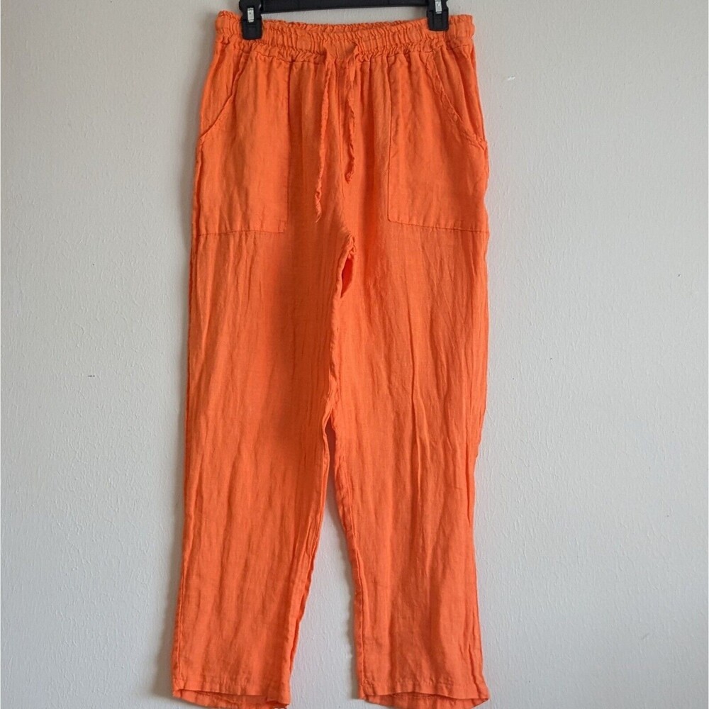100% Linen Casual Comfortable Orange Pants Sz M Elastic Drawstring Waist Pockets